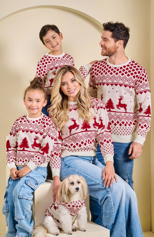 SUETER MARFIL CON ROJO RENOS Y PINOS