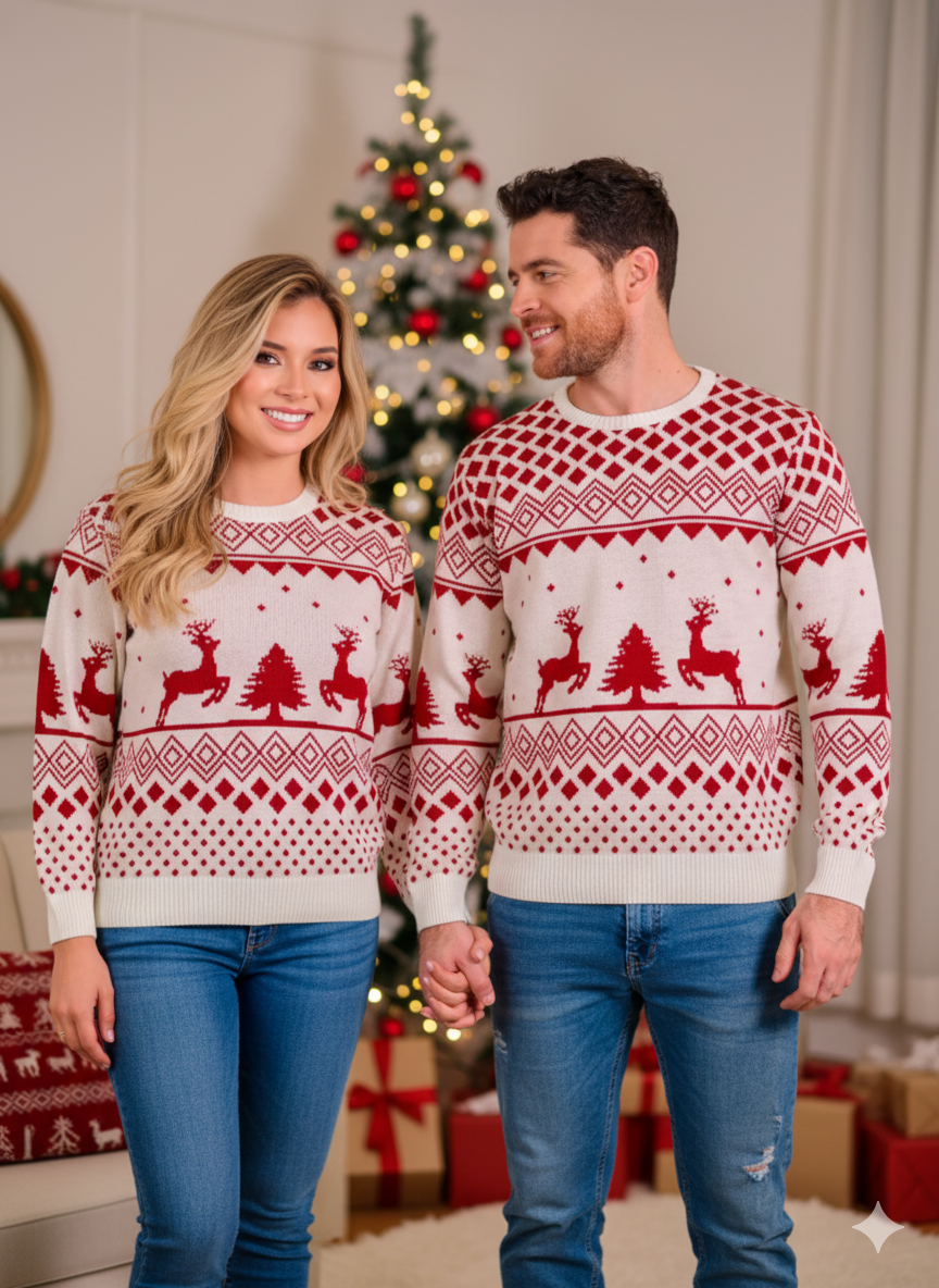 SUETER MARFIL CON ROJO RENOS Y PINOS