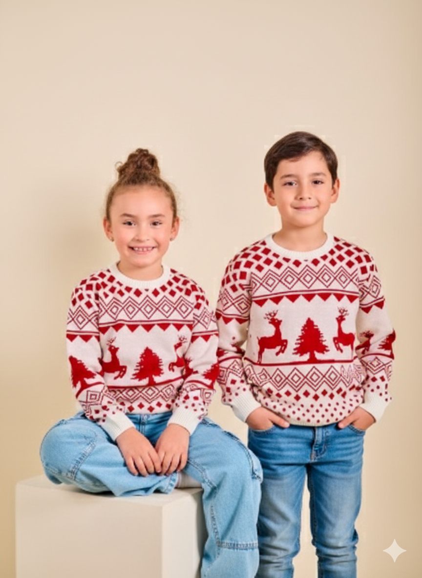 SUETER MARFIL CON ROJO RENOS Y PINOS